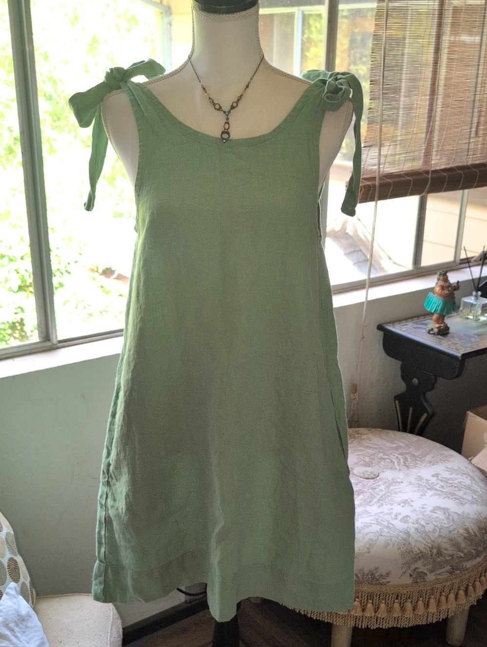 Sage Green Tie-Shoulder Linen Dress